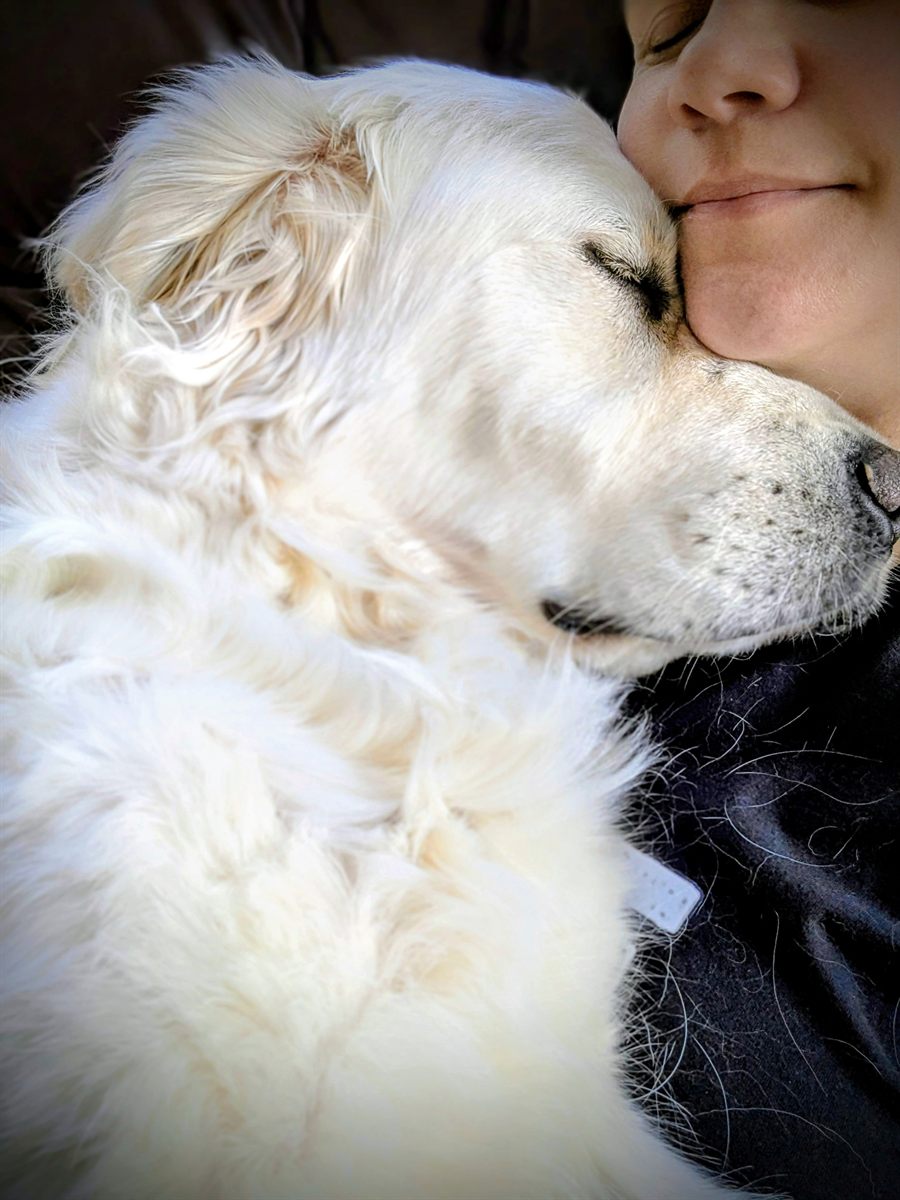Howard resting his face against Jodene's cheek, both with their eyes closed